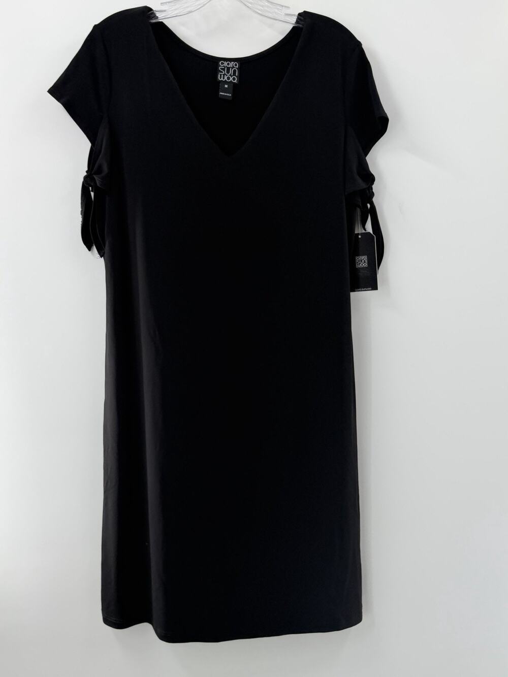 Clara Sun Woo Women’s Short Sleeve Black Shift Dress Tie Underarm Size M NWT
